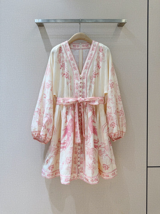 Mini-robe en lin rose à fleurs avec ceinture Zimmermann