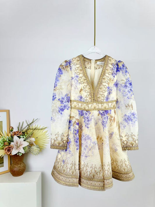 Robe courte en soie et lin à col en V profond Dawning de Zimmermann