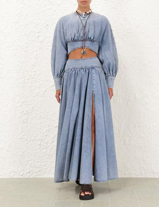 Zimmermann Cotton Denim Cropped Top & High-Slit Midi Skirt Set