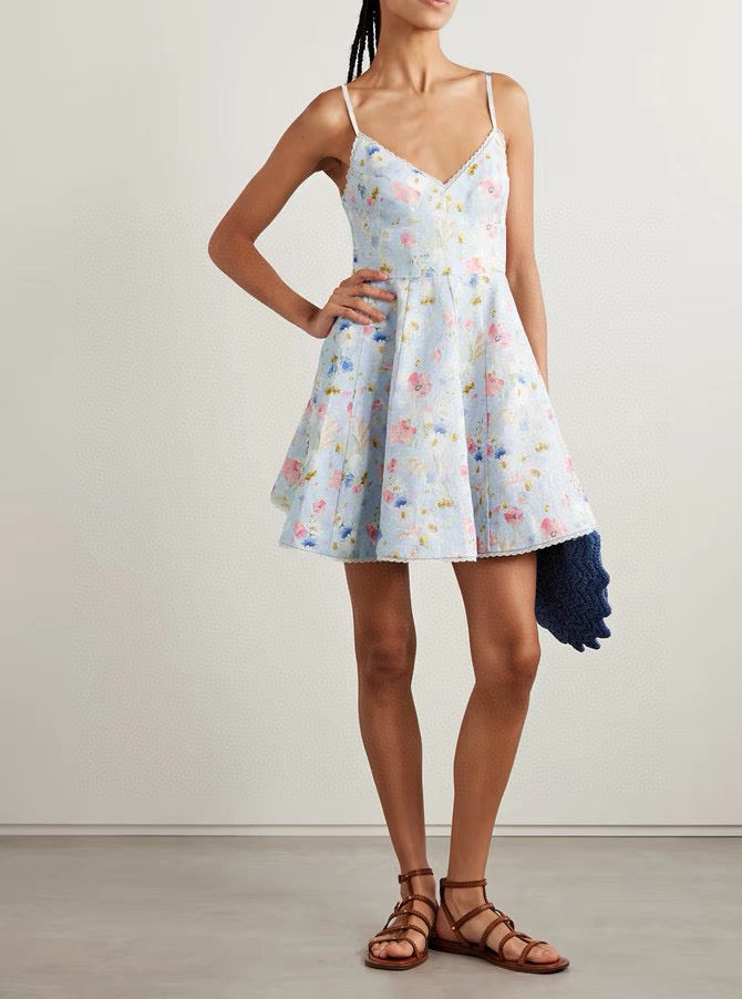 Mini-robe en lin fleuri à bordures en dentelle Zimmermann