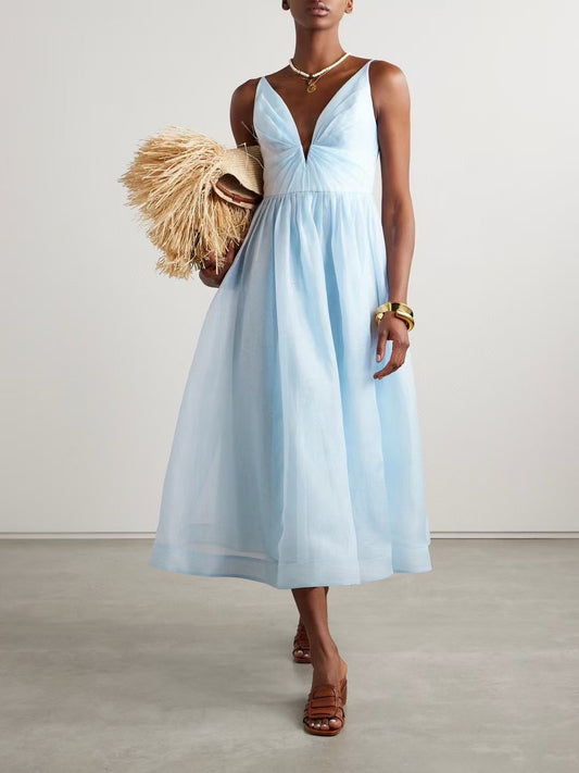 Robe midi Zimmermann en mélange de lin et de soie avec décolleté plongeant