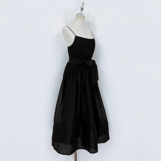 Robe midi noire en lin et soie Zimmermann avec ceinture à nouer