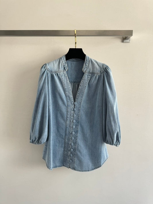 Chemisier Zimmermann en denim délavé clair à col en V et manches bouffantes