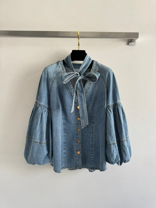 Zimmermann Bow-Tie Neckline Puff Sleeve Denim Blouse