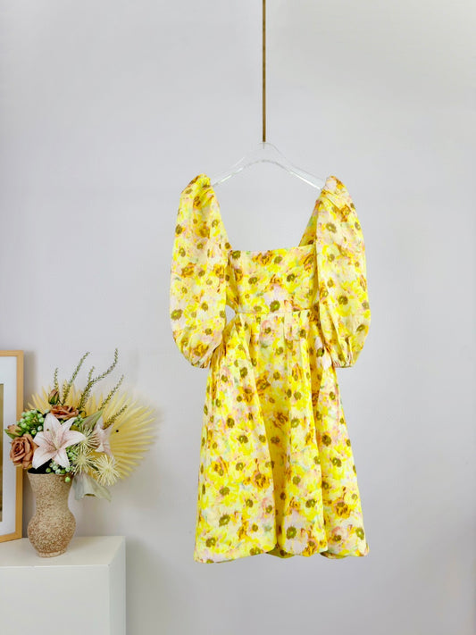 Zimmermann Lightburst Floral Puff Sleeve Linen Mini Dress – Yellow & Pink