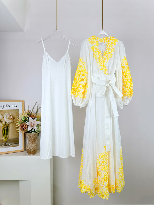 Zimmermann Golden Embroidered Linen Maxi Dress with Slip