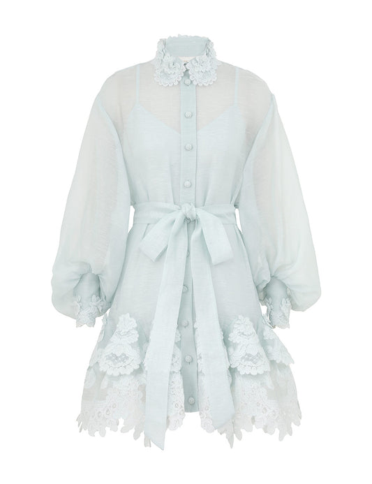 Zimmermann 2025 CRUSH Lace Trim Mini Dress in Ice Blue