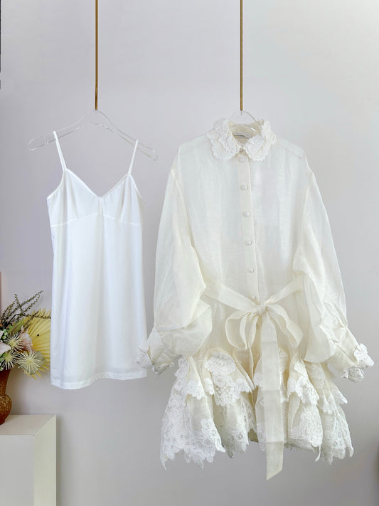 Zimmermann CRUSH Embroidered Lace Hem Shirt Dress in Ivory