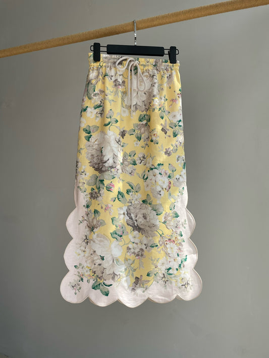 Zimmermann Scalloped Floral Midi Skirt in Yellow