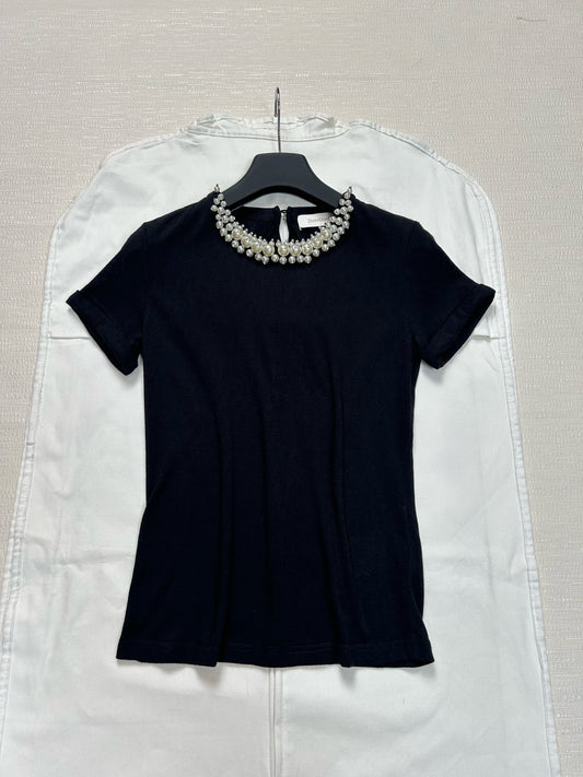 Zimmermann Black Linen T-Shirt with Hand-Embroidered Pearl Necklace Collar