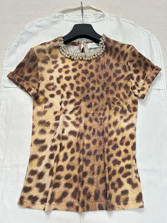 Zimmermann Leopard Print Linen T-Shirt with Pearl Embellished Collar