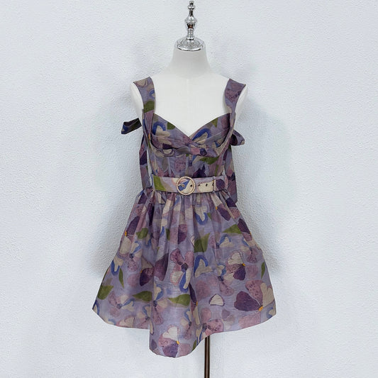 Zimmermann Purple Floral Belted Linen-Silk Mini Dress