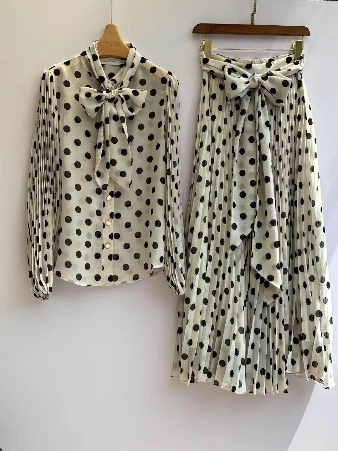 Zimmermann Cream Polka Dot Bow Blouse & Pleated Midi Skirt Set