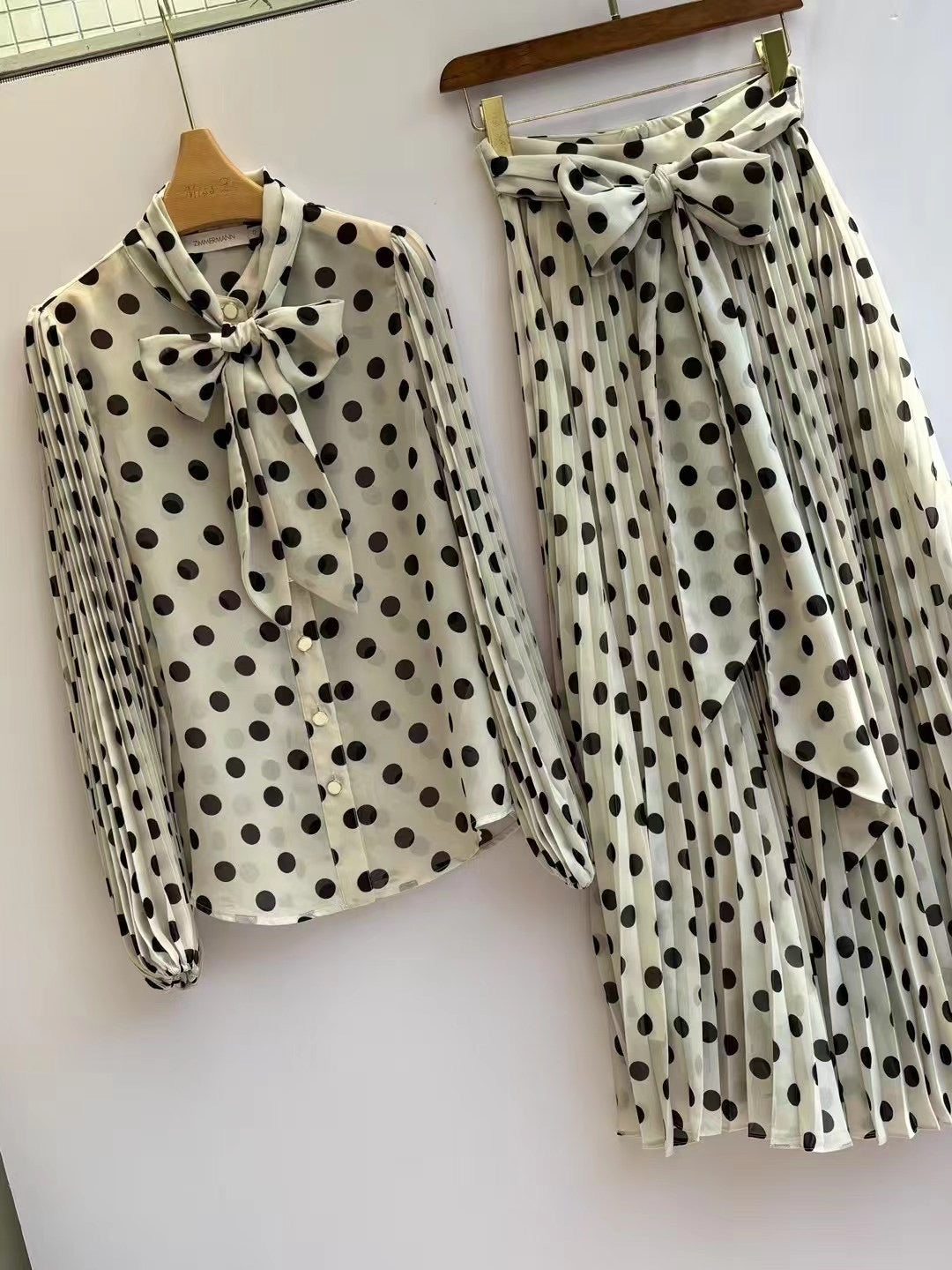 Zimmermann Cream Polka Dot Bow Blouse & Pleated Midi Skirt Set