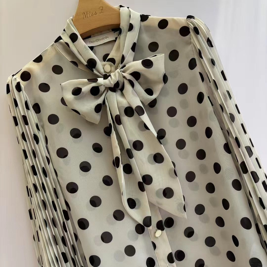 Zimmermann Cream Polka Dot Bow Blouse & Pleated Midi Skirt Set