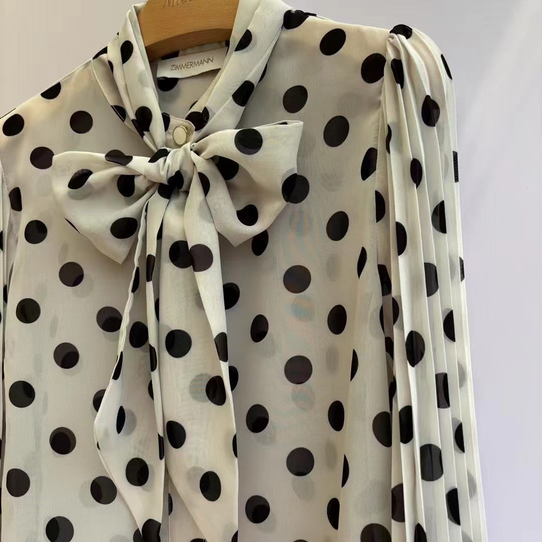 Zimmermann Cream Polka Dot Bow Blouse & Pleated Midi Skirt Set
