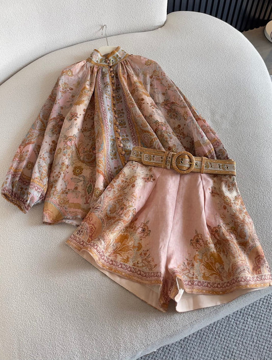 Zimmermann Vintage Paisley Print Two-Piece Set – Blouse & High-Waist Shorts