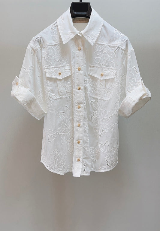 Zimmermann White Embroidered Cotton Shirt with Patch Pockets
