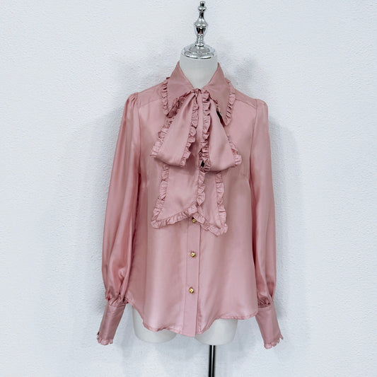 Zimmermann Silk Ruffle Blouse with Bow Tie in Pink