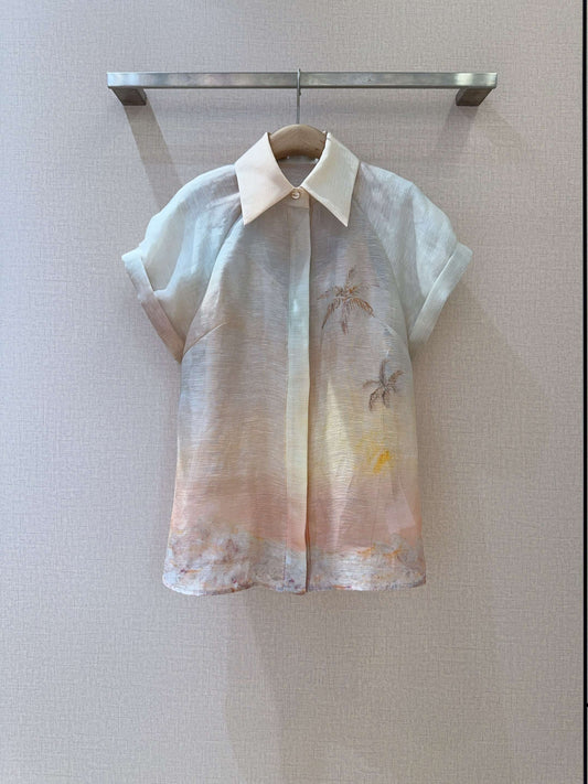 Zimmermann Guava Seascape Linen-Silk Shirt with Shell Button Detail
