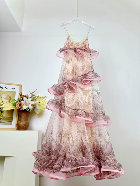 Zimmermann CRUSH Lace Print Tiered Silk Gown with Pearl & Crystal Straps