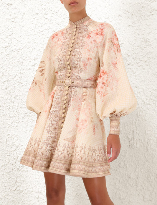 Zimmermann ILLUMINATE Linen Mini Dress with Botanical Print and Belt