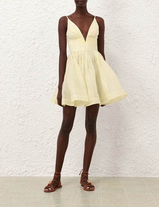 Zimmermann Illuminate V-Neck Linen-Silk Mini Dress with Structured Bodice