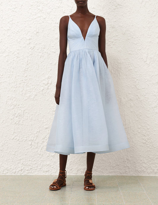 Zimmermann Illuminate V-Neck Midi Dress in Silk-Linen Organza