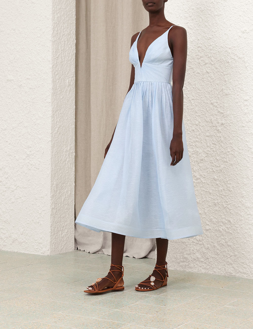 Zimmermann Illuminate V-Neck Midi Dress in Silk-Linen Organza