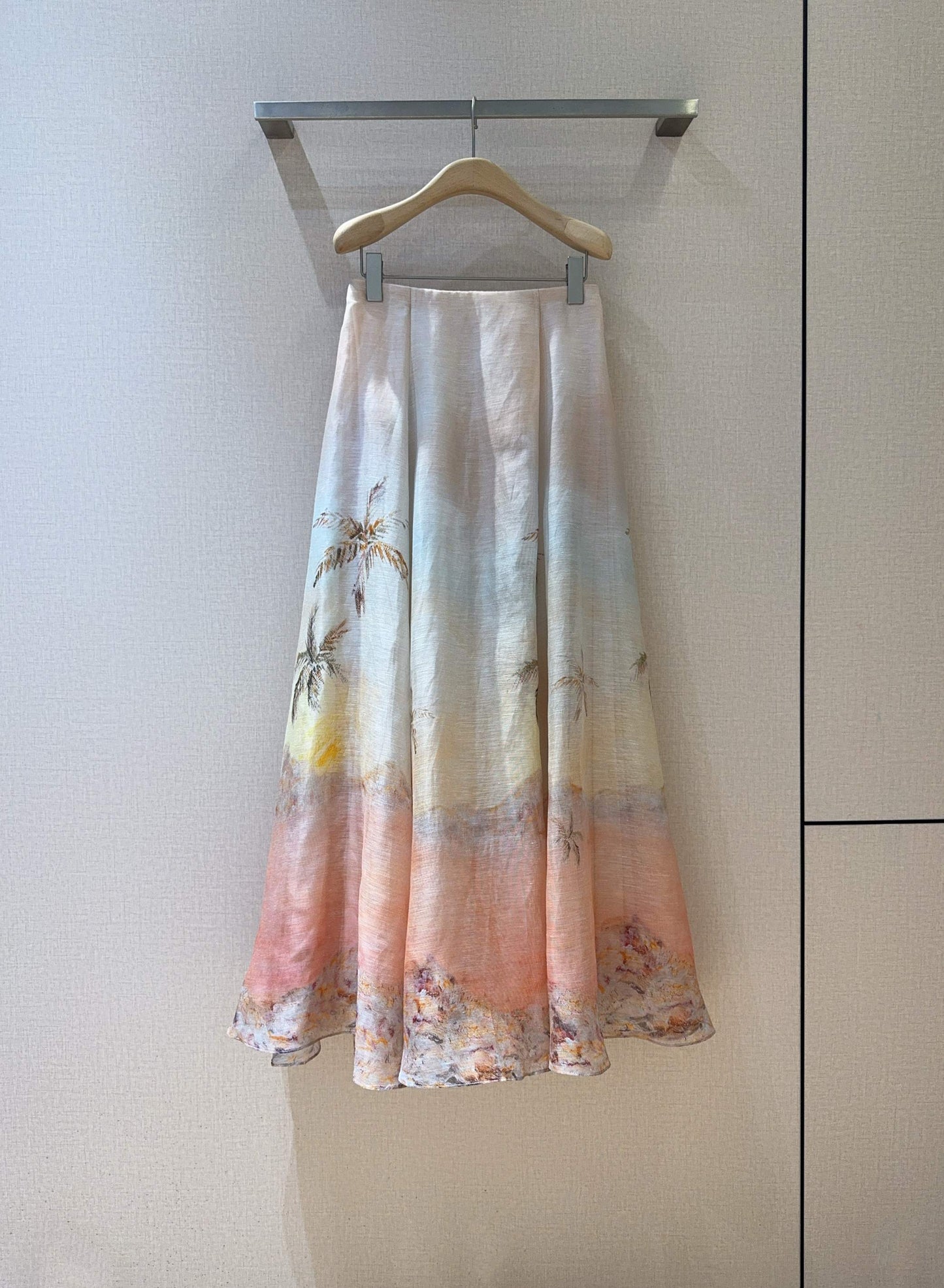 Zimmermann Guava Sunset Print Silk-Linen Maxi Skirt