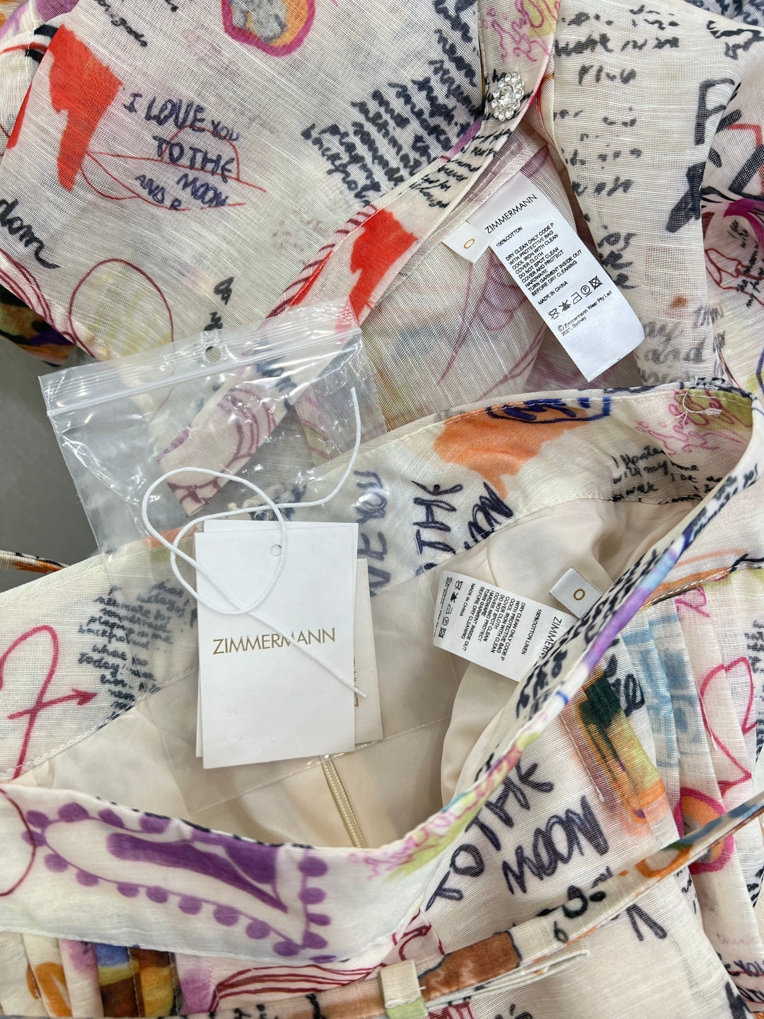 Zimmermann Graffiti Print Cotton Shirt & Embellished Shorts Set