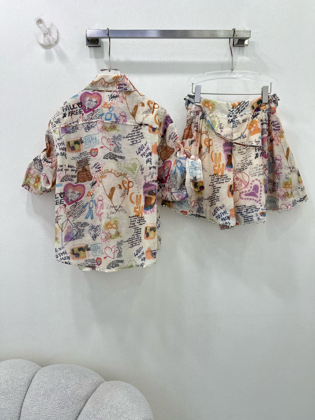 Zimmermann Graffiti Print Cotton Shirt & Embellished Shorts Set