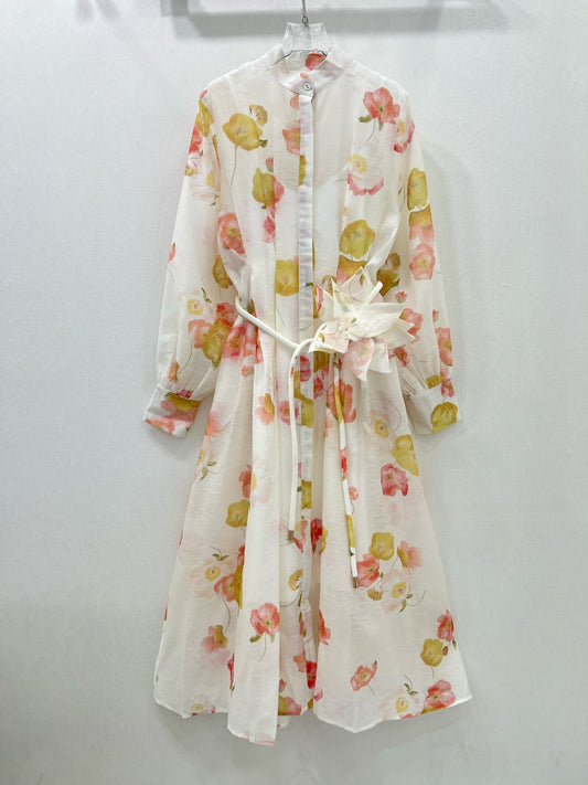 Zimmermann Tulip Print Cotton Maxi Dress with Belt and Lantern Sleeves