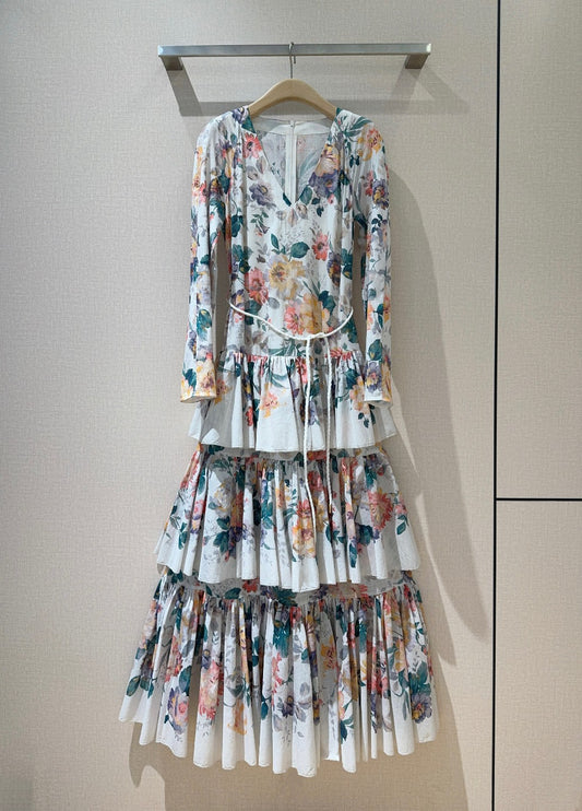 Zimmermann Cream Floral Tiered Maxi Dress with Detachable Waist Tie