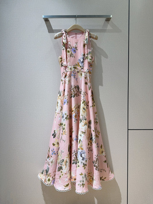Zimmermann Pink Floral Sleeveless Linen Midi Dress with Shoulder Tie Detail