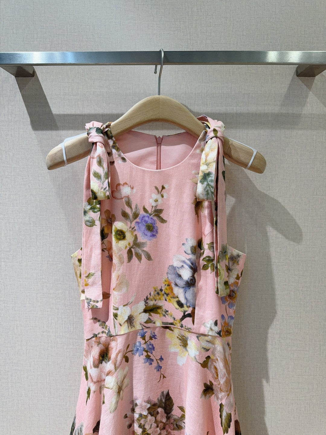 Zimmermann Pink Floral Sleeveless Linen Midi Dress with Shoulder Tie Detail