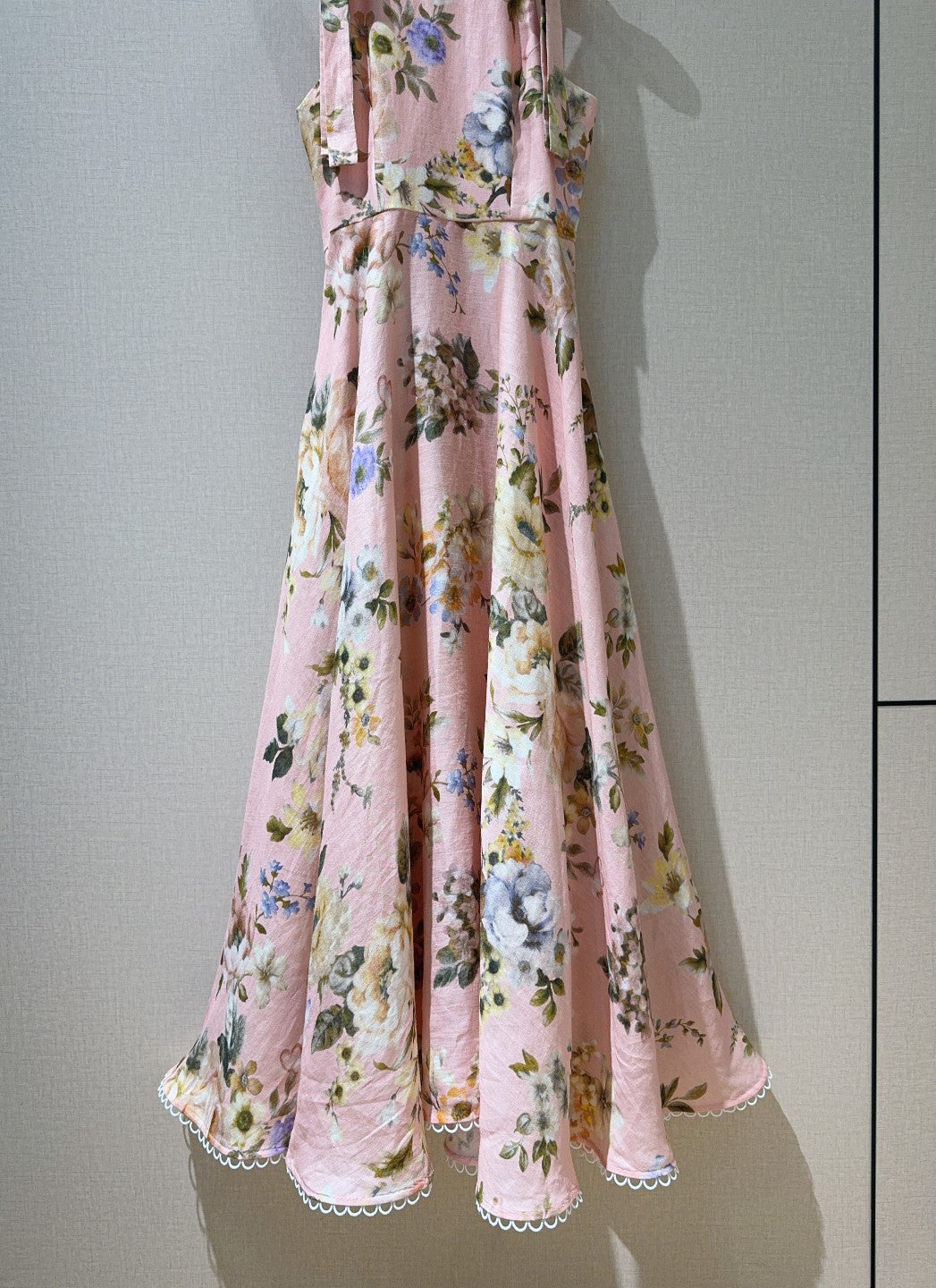 Zimmermann Pink Floral Sleeveless Linen Midi Dress with Shoulder Tie Detail