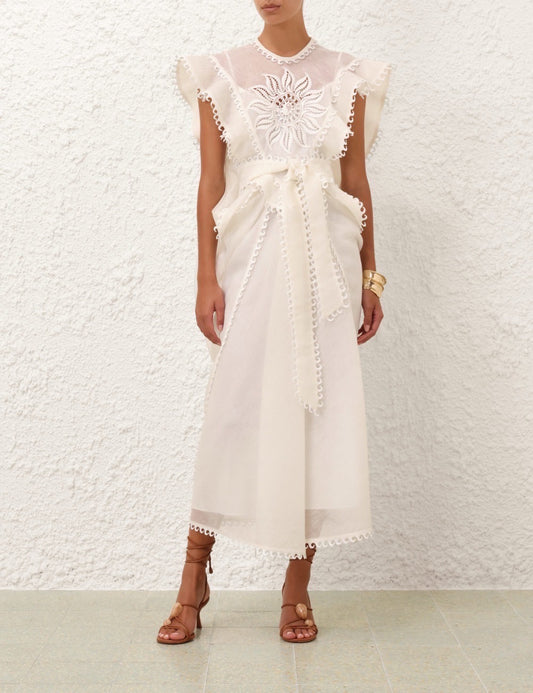 Zimmermann Embroidered Linen-Silk Midi Dress with Slip Lining