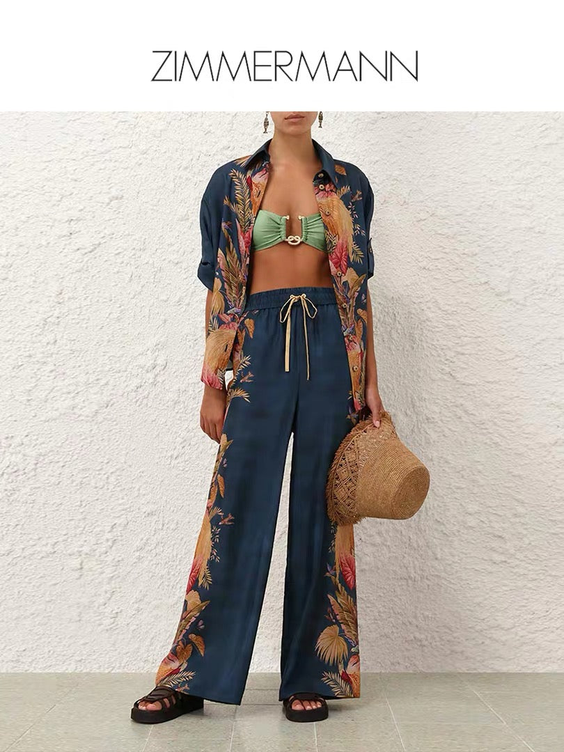 Zimmermann Silk Printed Shirt and Wide-Leg Pants Set