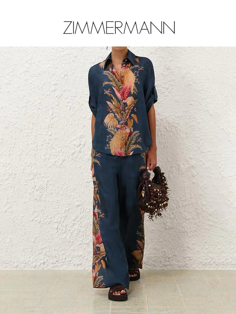 Zimmermann Silk Printed Shirt and Wide-Leg Pants Set