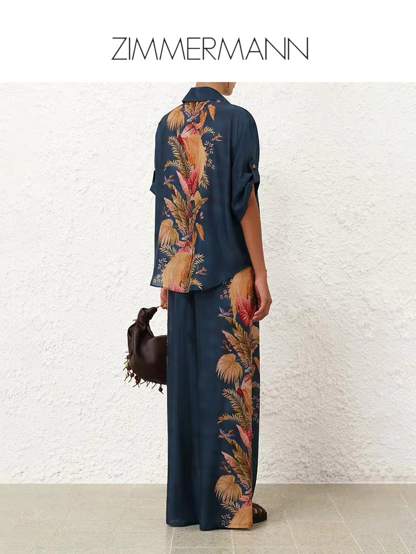 Zimmermann Silk Printed Shirt and Wide-Leg Pants Set