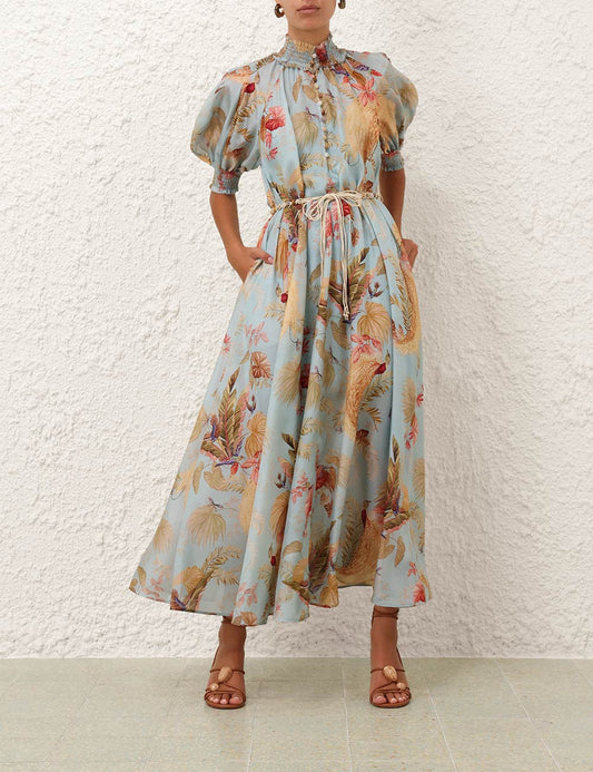 Zimmermann Shirred Silk Maxi Dress with Slip