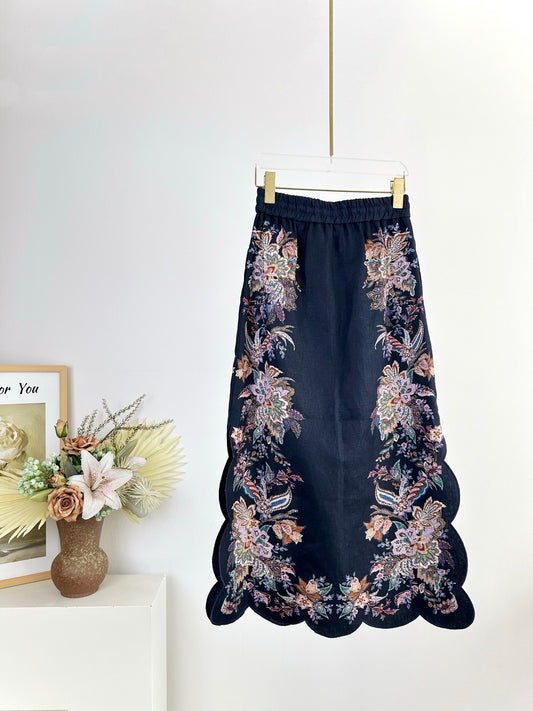 Zimmermann Rhiannon Embroidered Linen Midi Skirt with Scalloped Hem
