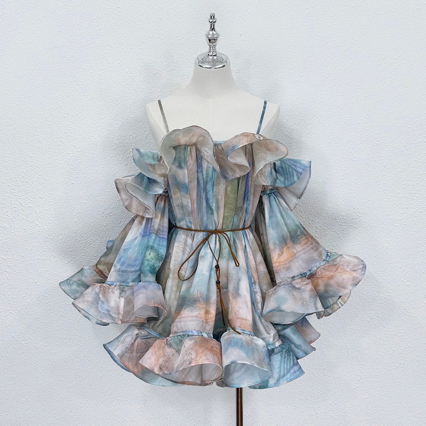 Zimmermann Silk Ruffle Mini Dress with Off-Shoulder Sleeves