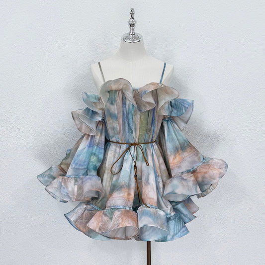 Zimmermann Silk Ruffle Mini Dress with Off-Shoulder Sleeves