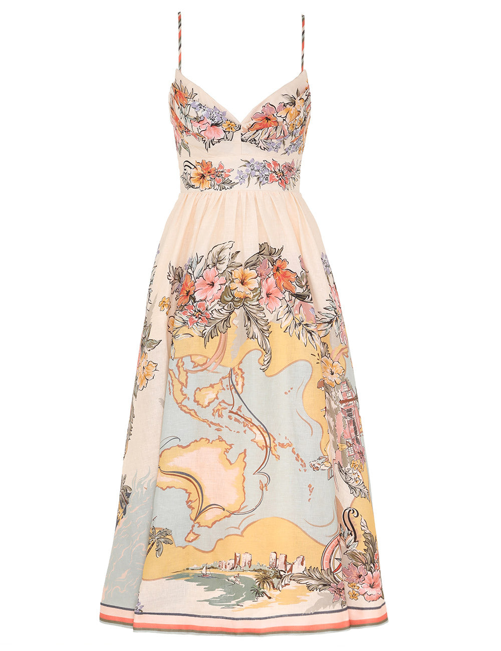 Zimmermann Tallow Map Print Midi Dress with Shirred Hem
