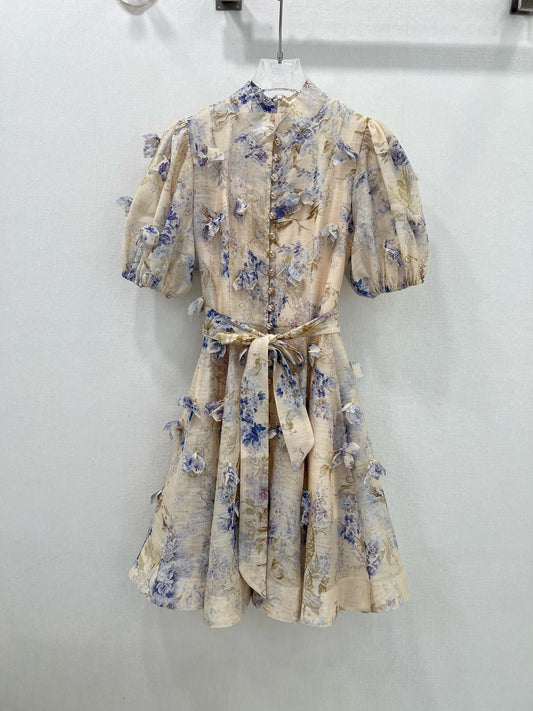 Zimmermann Floral Linen Lantern Sleeve Midi Dress – 2-Piece Set