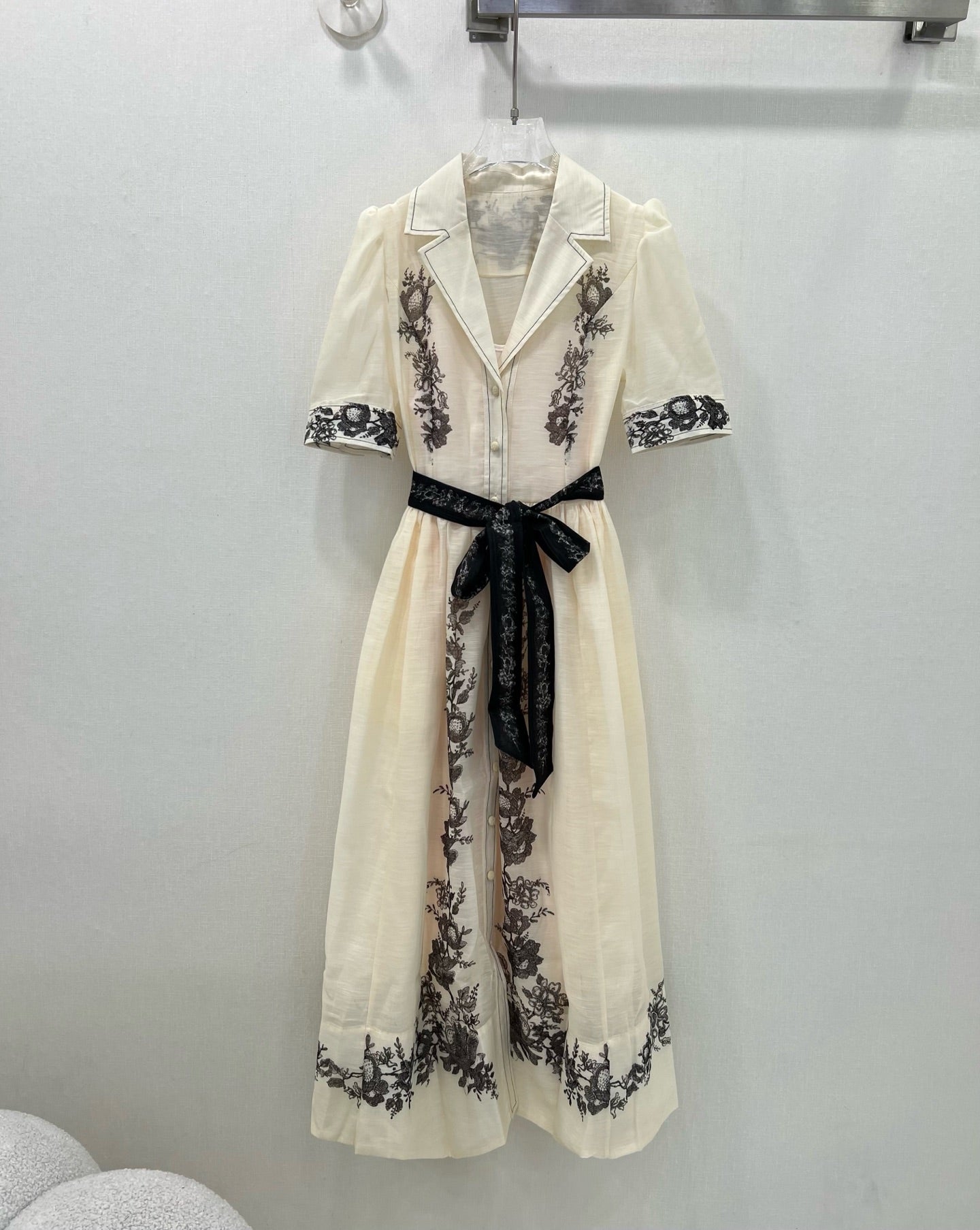 Zimmermann Early Spring Long Shirt Dress with Ink Floral Embroidery