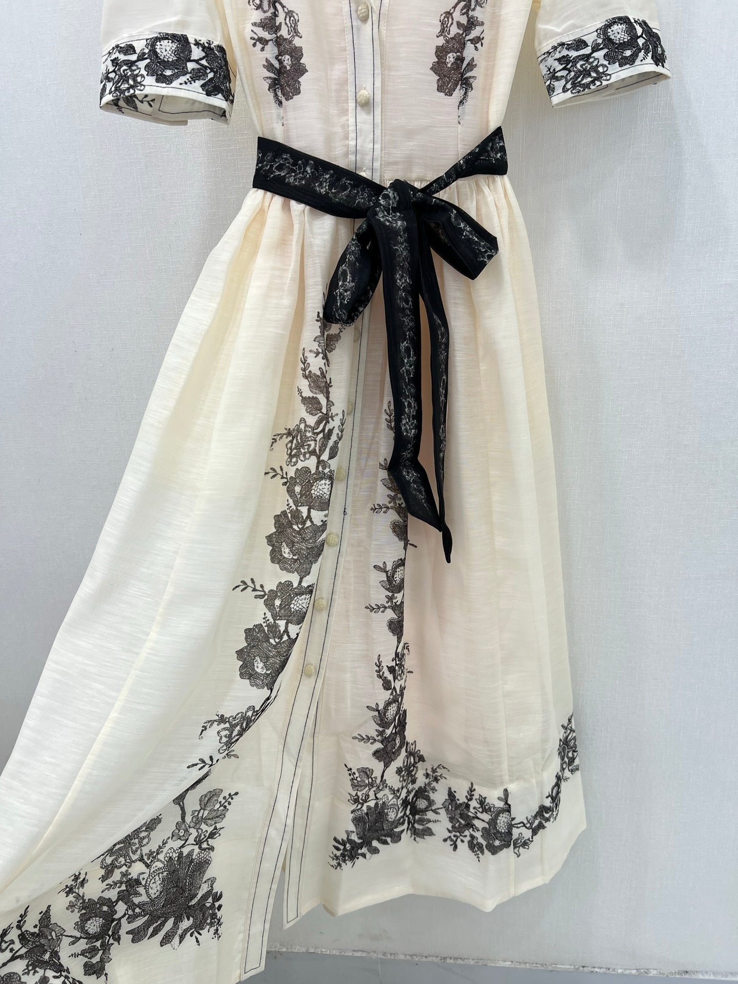 Zimmermann Early Spring Long Shirt Dress with Ink Floral Embroidery