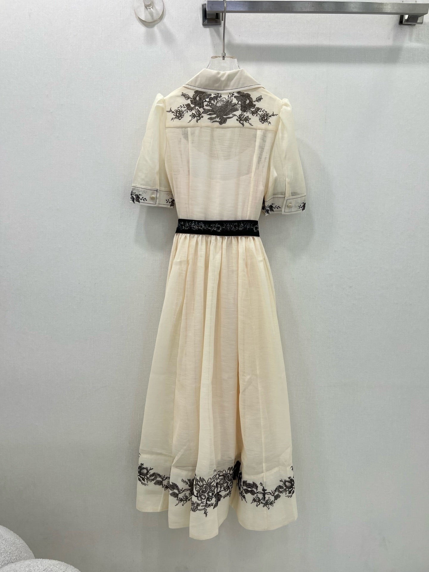 Zimmermann Early Spring Long Shirt Dress with Ink Floral Embroidery